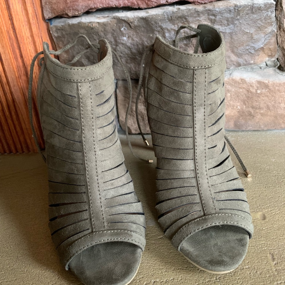 Women's Olive Green Suede Peep-Toe Lace-Up Heels
